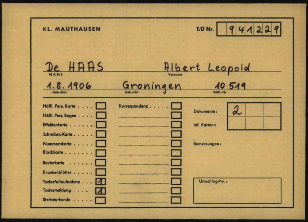 Interneringskaart Albert Leopold de Haas